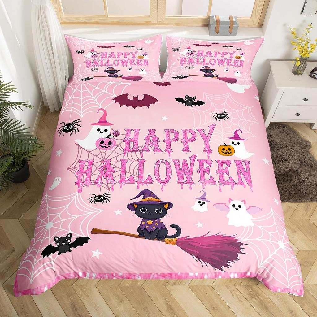 Halloween Twin Duvet Cover Spooky Ghost Pumpkin Bat Bedding Set Horror Castle Funny Halloween Comforter Cover for Kids Adults