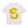 Men's T-shirt Abstract S Shape with SHUT UP Disruptive Text Graphic White Cotton