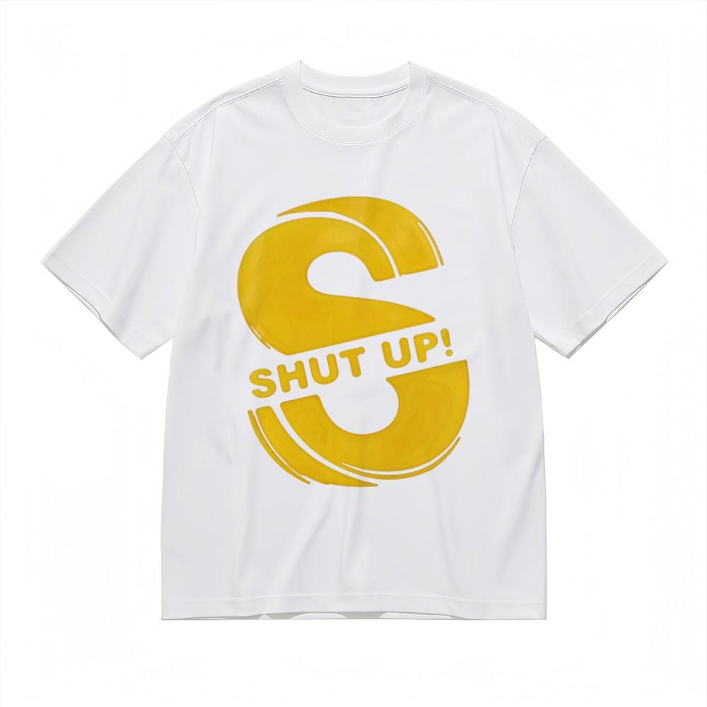 Men's T-shirt Abstract S Shape with SHUT UP Disruptive Text Graphic White Cotton