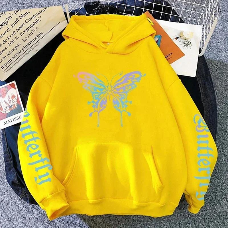 Women's Butterfly Print Hooded Fleece Sweatshirt - Casual Loose Fit with Pockets