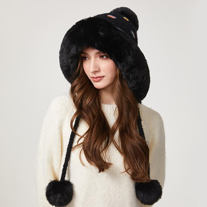 Knitted Hat Women's Thick Wool Collar Wool Hat Plush Three-Ball Warm Hat