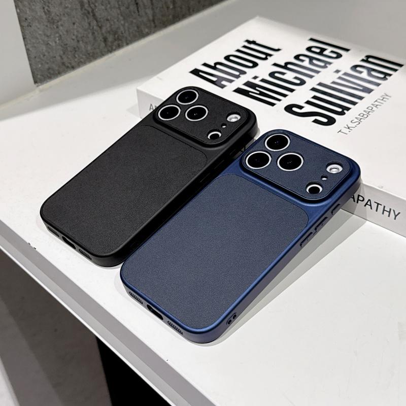 Luxury Leather Texture Hard Large Window Case for iPhone 17 Air 16 15 14 13 Pro Max Plus 17Promax Shockproof Matte Phone Cover