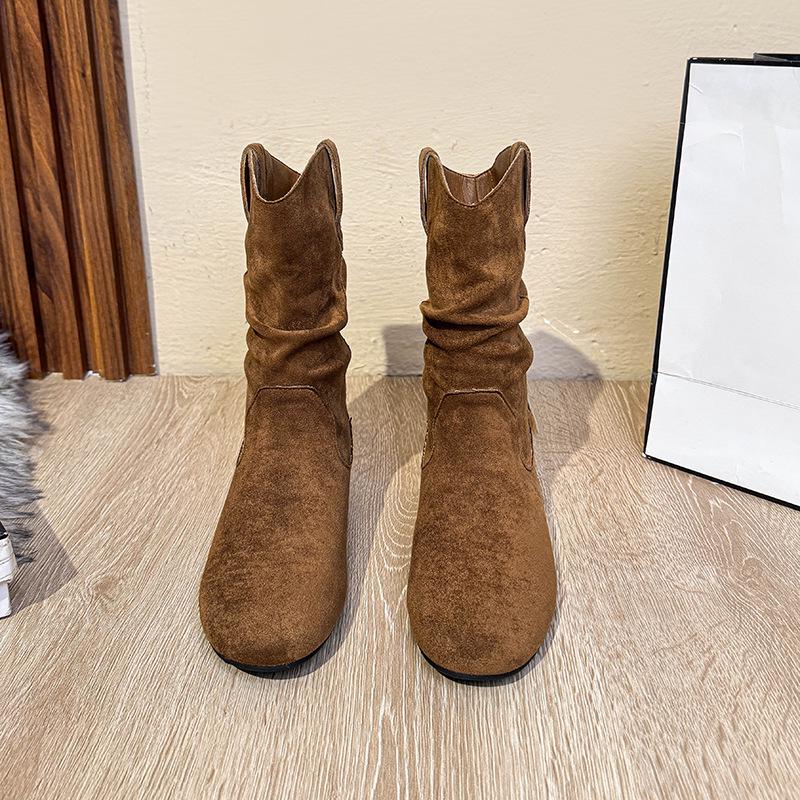 

2025 Корейский стиль Женские Ретро Мягкая кожа Круглый носок Плоский каблук Плиссированная замша Ботильоны до щиколотки 37 жёлтый/коричневый