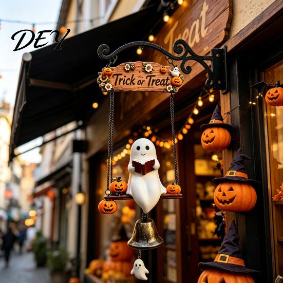 Weather Resistant Yard Ornament Halloween Swing Ghost Doorbell, with Pumpkins Decor, Gothic Style Trick Funny On Decor or Treat Sign, for Farmhouse