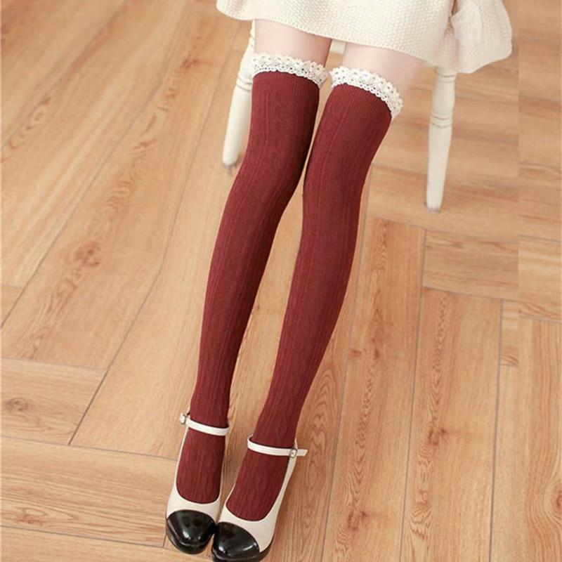 Calze di pizzo peluche autunno inverno collant di cotone moda sopra calzini al ginocchio