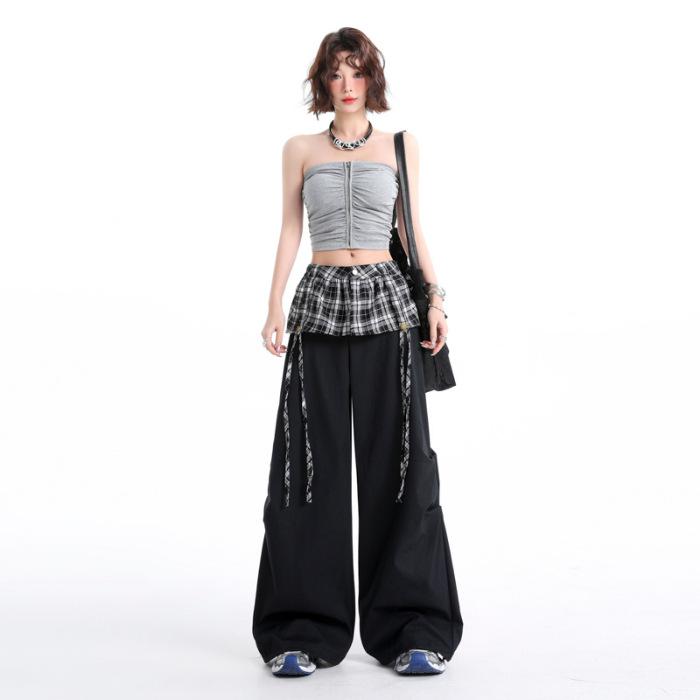 

Women s Spring Plaid Wide-Leg Cargo Pants: American Spicy Girl Two-Piece Look, Slimming Sports Pants Medium