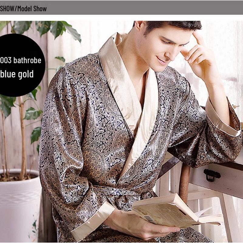 Men's Plus Size Lightweight Long-Sleeve Silk Pajama Robe