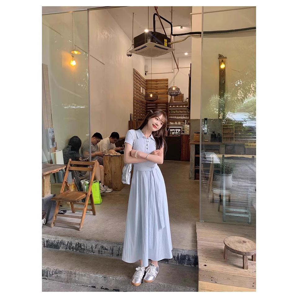 Small Woman Summer Temperament Design Sense Unique Beautiful Dress Blue Generous Short-sleeved Skirt