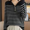 Autumn and Winter New Striped Crew Neck Buckle Women's Long-sleeved Knitted Sweater Top Contrasting Color Strip Pullover Bottoming Shirt