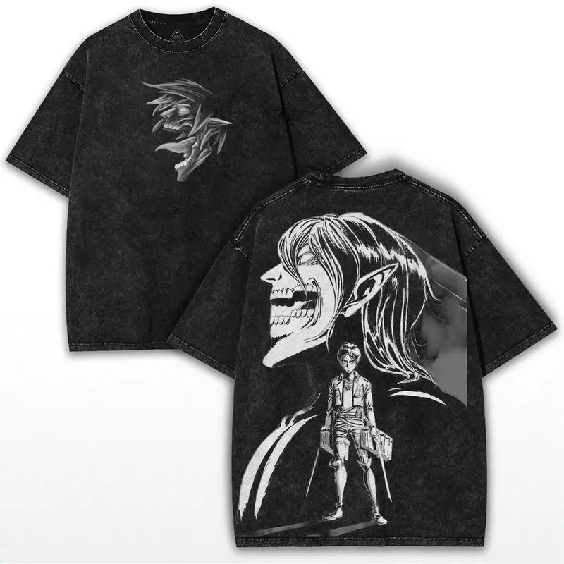 Anime Attack On Titan Eren Printed Tee Men Women Washed Cotton T-shirts Short Sleeve Vintage T Shirt Harajuku Oversized Tshirt