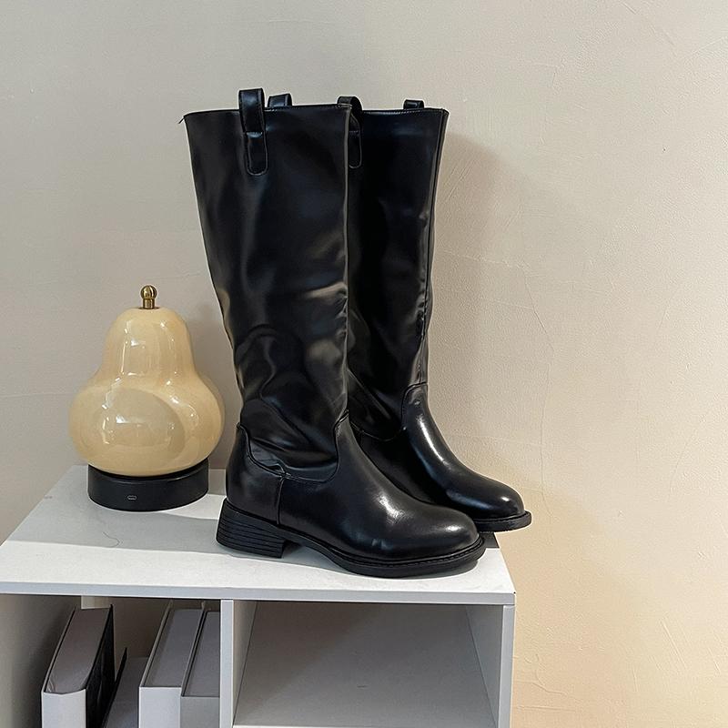 Vintage Low Heel Slip On Women Knight High Boots Cosy Soft Leather Shoes Female Slim Mordern Long Booties De Muje