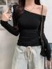 Women's One-Shoulder Long-Sleeve Pleated Base Layer Chic Cropped Top - 2026 Spring/Autumn