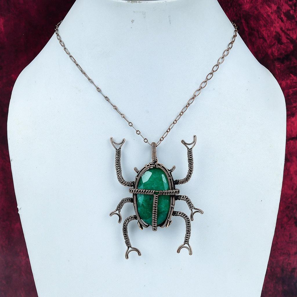 Faceted Zambian Emerald Real Gemstone Pendant Copper Wire Wrapped Beetle Jewelry