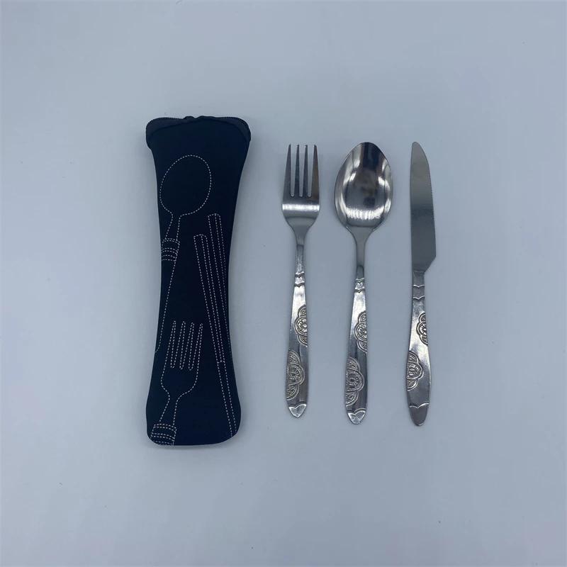 3pcs/7pcs Set Dinnerware Portable Printed Stainless Steel Spoon Fork Steak Knife Set Travel Cutlery Tableware with Bag