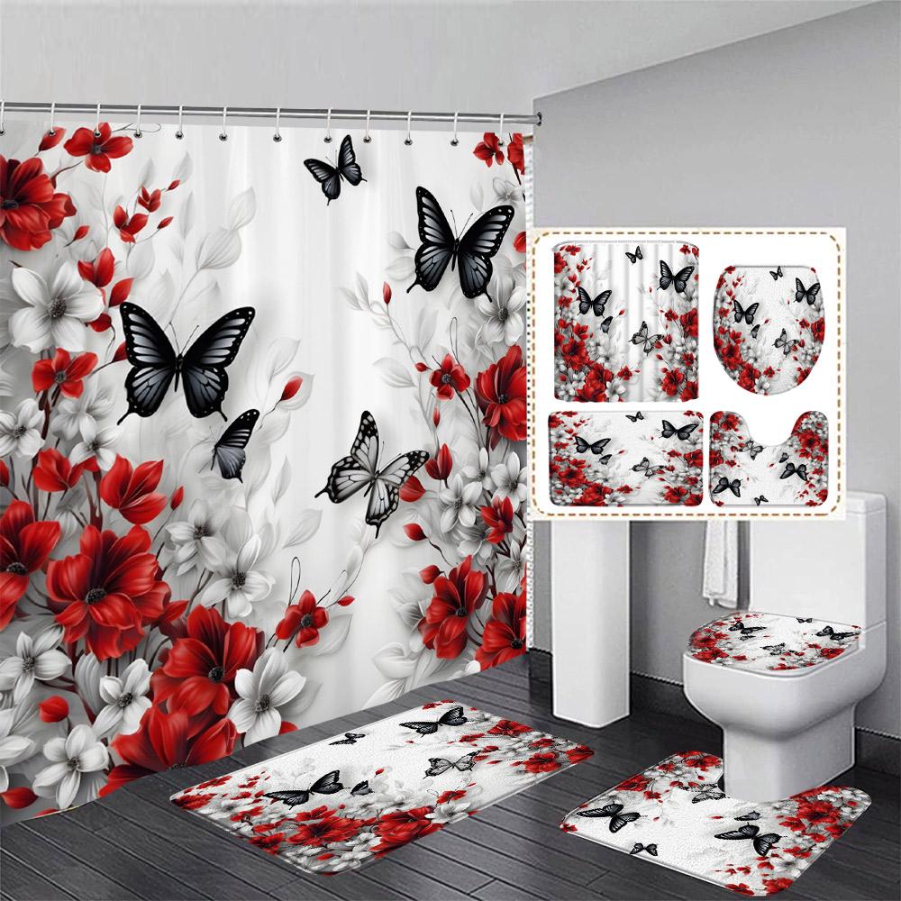 Floral Blue Butterfly Shower Curtain Set Purple Flowers Plant Butterflies Pattern Home Bathroom Decor Bath Mats Toilet Lid Cover