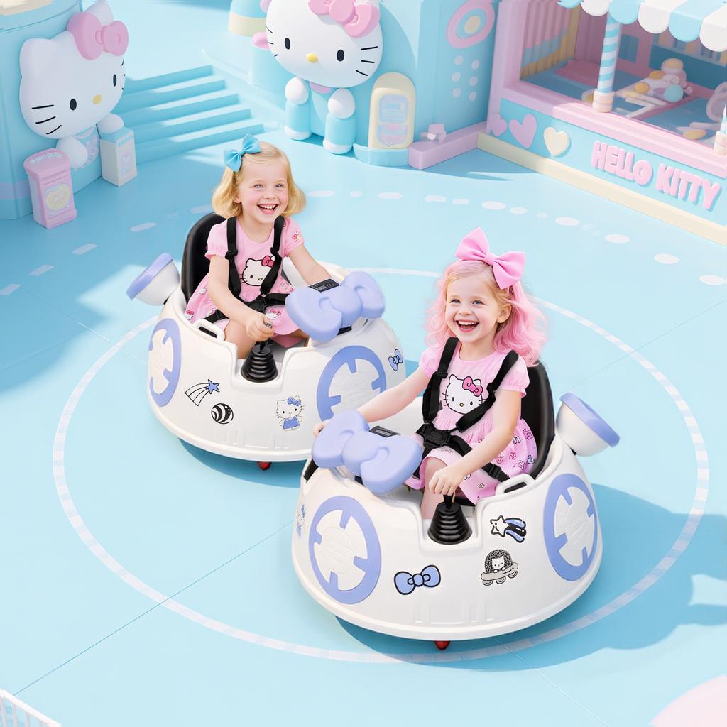 Hello Kitty Kids Ride on Bumper Car with Remote Control, Two Joysticks, Music, Lights, Safety Belt, White