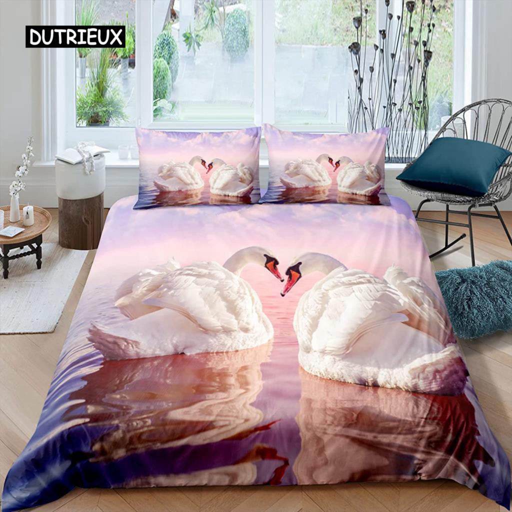Swan Duvet Cover Black and White Swan Duvet Cover Queen Bird Comforter Cover Microfiber Romantic Flower Wild Animals Quilt Cover