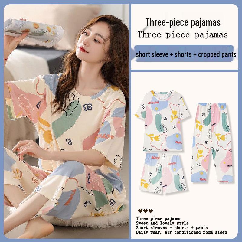Women's Loose Summer Cartoon Pajama Set: Cute Short Sleeve Top & Long Pants for Spring/Autumn