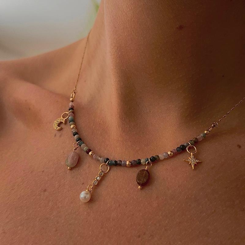 

Personality Necklace Retro Moon Star Pendant Ocean Pearl Collarbone Chain Electroplated Gold Color Retention