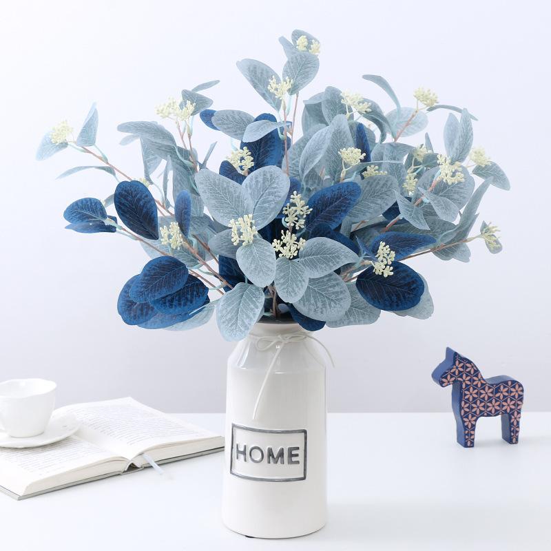 10PCS.3-branch faux eucalyptus & apple leaves with fruits, lifelike silk flowers, perfect for wedding decor & home arrangement