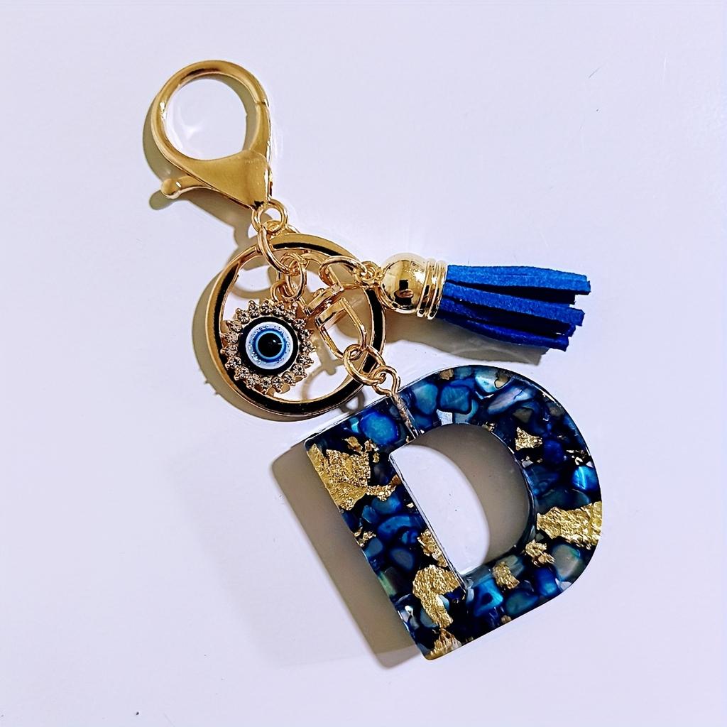 Blue Resin Initial Keychain - Evil Eye Letter Charm with Rhinestones & Tassel, Stylish Gift for Women, Lobster Clasp Accessory