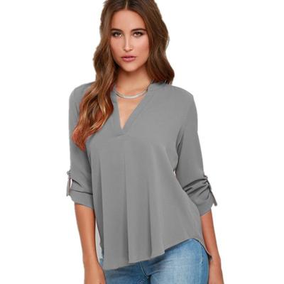 Damen Oberteile Blusen Langarm V-Ausschnitt Chiffonbluse Büro Arbeitshemd