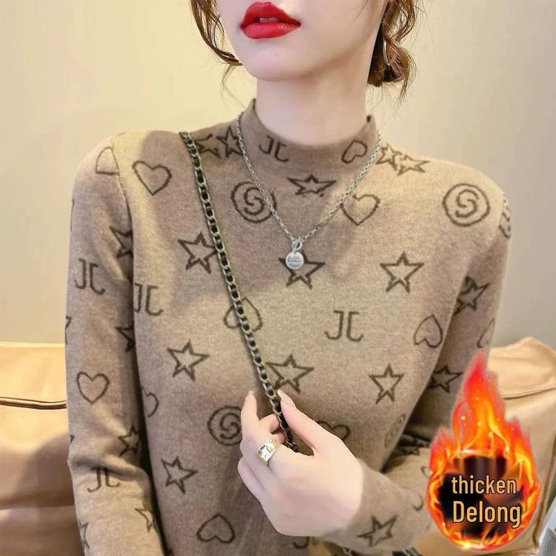 Velvet Semi-High Neck Warm Long Sleeve Women's Slimming Top for Autumn/Winter