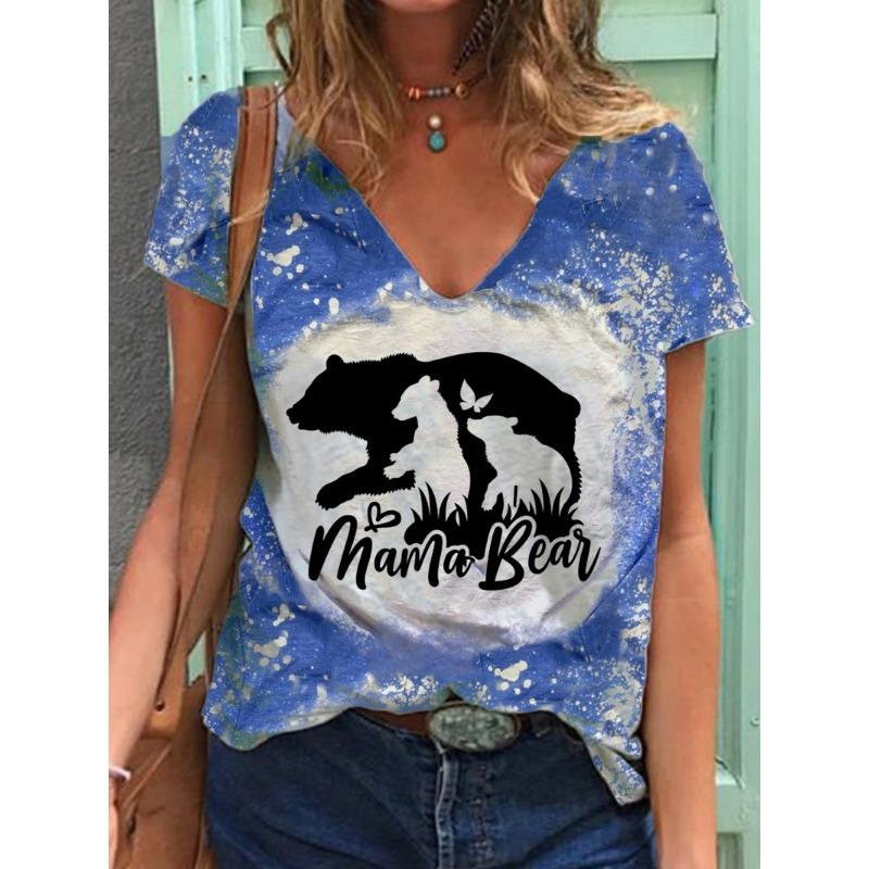 Summer V-neck 3D Mother's Day Alphabet Flower Printed Top Fashionable Casual Short Sleeved Women's T-shirts