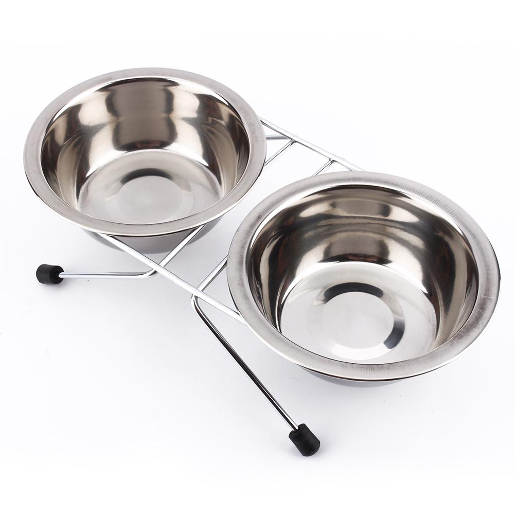Cute Double Twin Stainless Steel Bowls Dog Puppy Cat Pet Food Water Bowl Dish Iron Stand