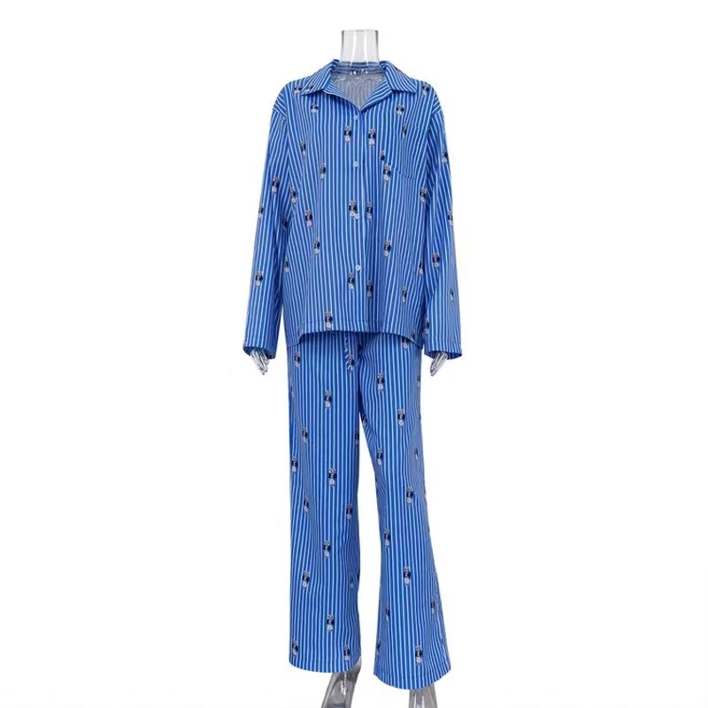 

European and American Cartoon Print Shirts Trousers Set Printed Striped Shirt and Pants Set Blue S