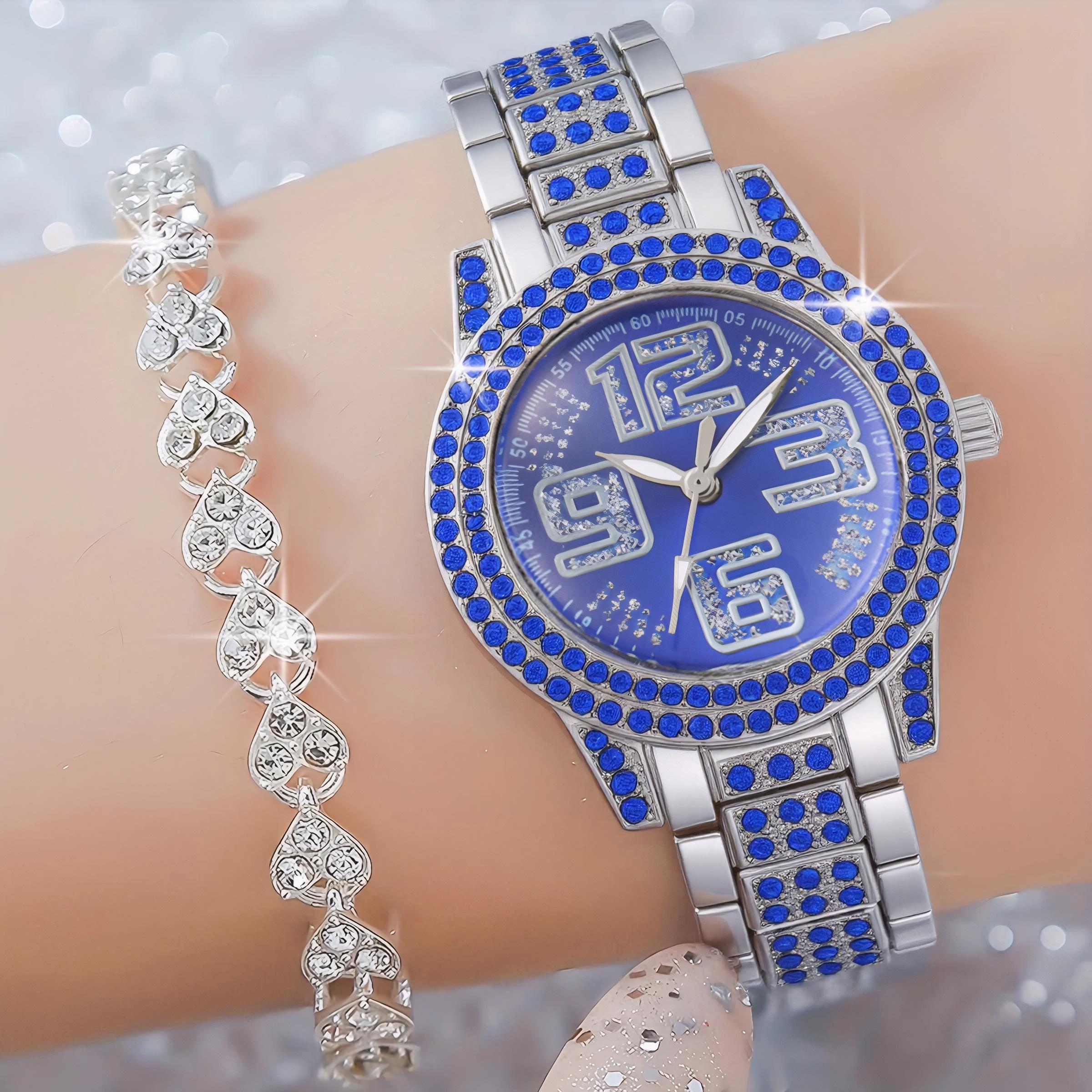 

2pcs/set-High-end Elegant Ladies Quartz Watch with Rhinestone Bracelet Jewelry Set-ladies Gifts синій