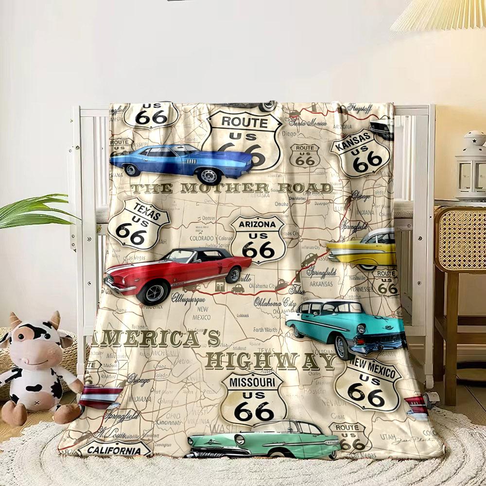 Route 66 Vintage Car Map Blanket Bedroom Blanket for Livingroom Couch Lunch Break Soft Throw for Friend's Festival Gift