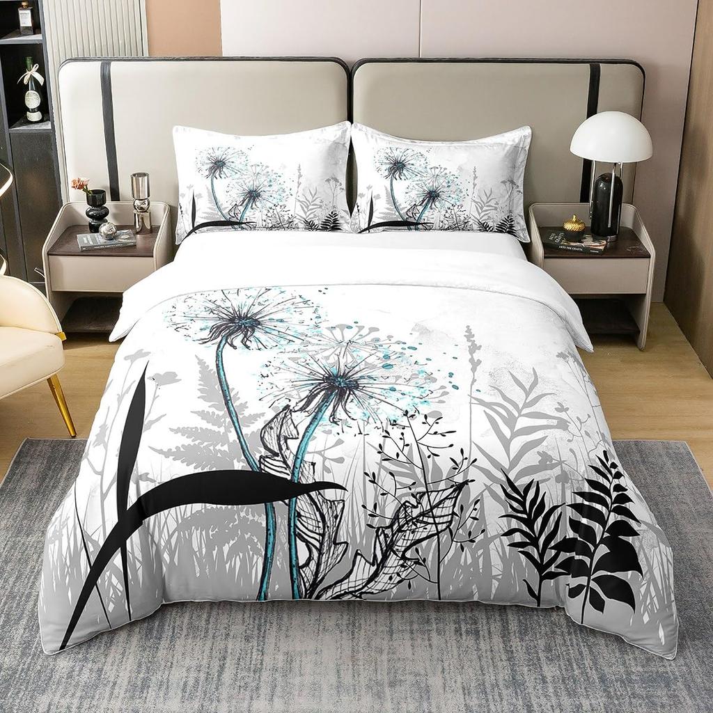 Dandelion Duvet Cover Flower Romance Theme Black and White Bedding Set Boys Girls Teens Microfiber Comforter Cover with Zipper