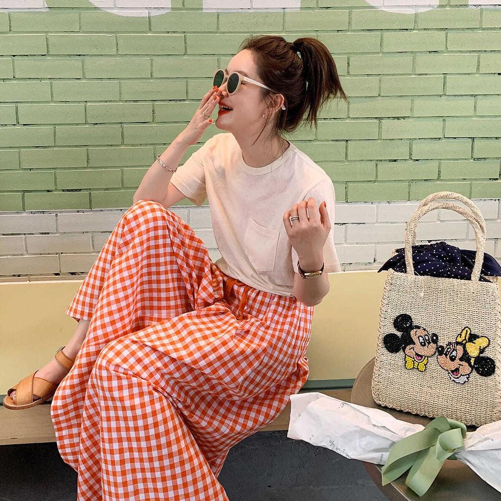 Damen Karomuster Baumwoll-Leinen Weitbein Hose - Elastischer Bund, Slim Fit, Lässiger Lockerer Schnitt