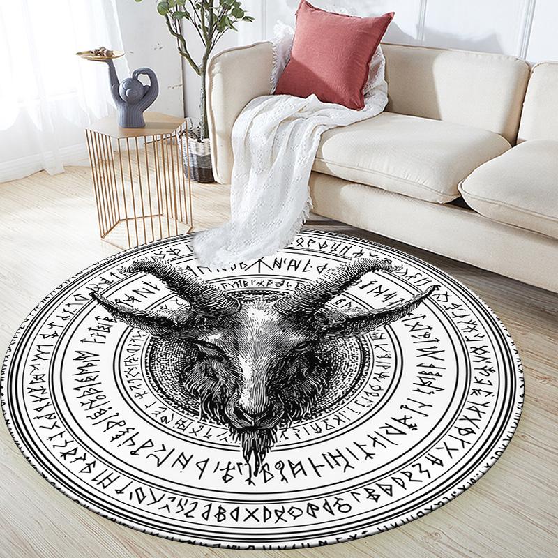 Tappeto Rotondo con Testa di Ariete Runica, Tappeto per Soggiorno Camera da Letto Divano Sala Giochi Decorazione, Tappetino Antiscivolo