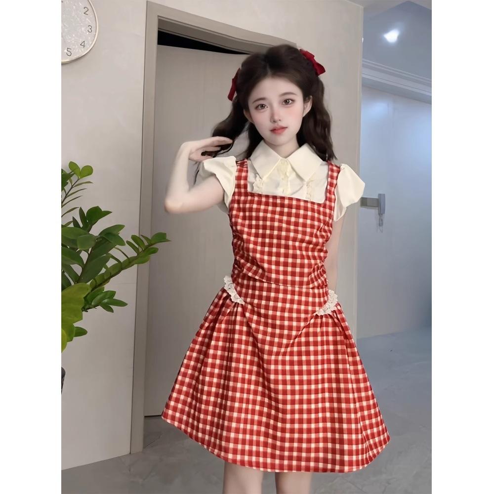 

Поддельное двухпредметное клетчатое платье женское летнее милое платье принцессы на бретелях женское с завышенной талией короткая юбка XL- (recommended 110-60kg)