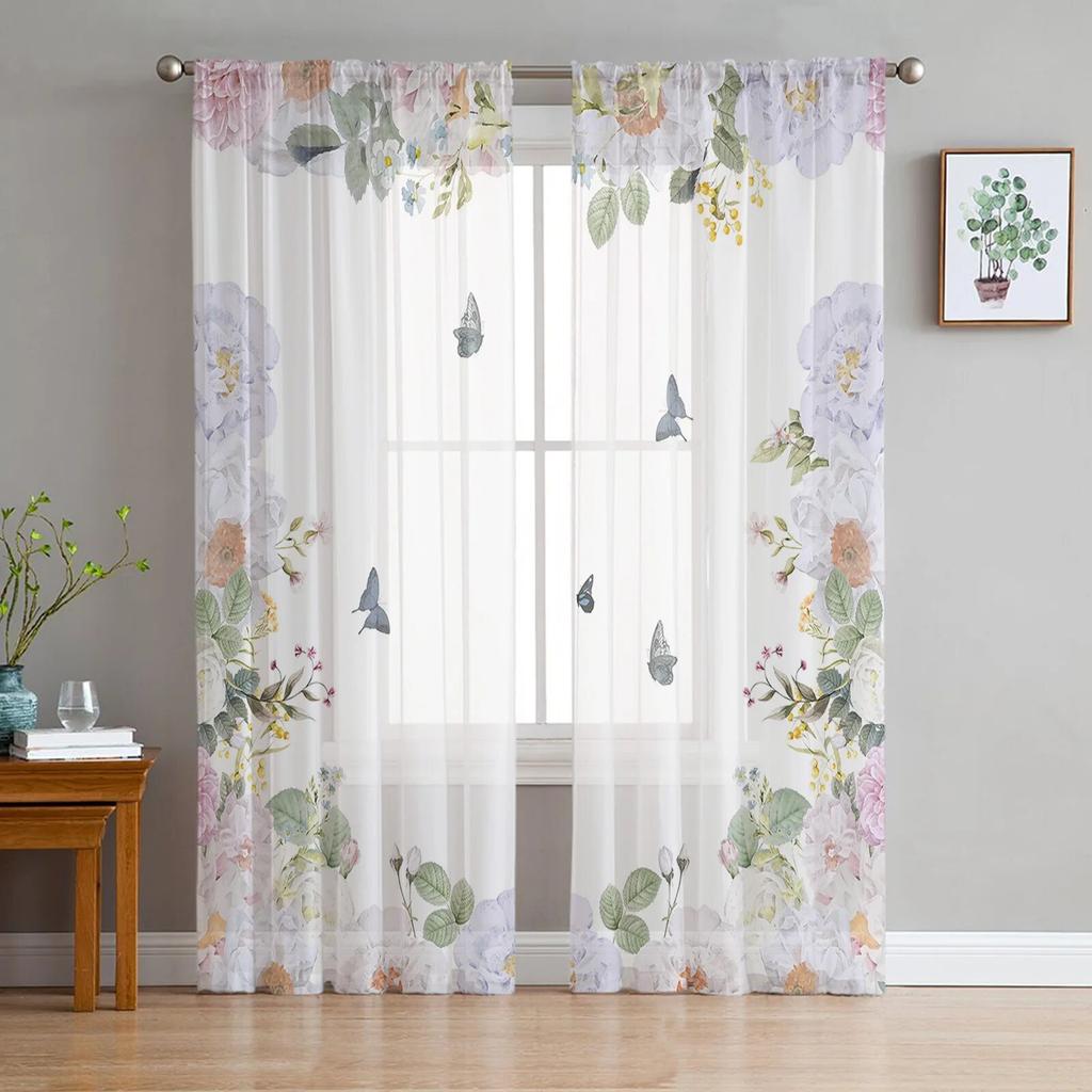 Watercolor Flower Butterfly Tulle Curtains For Living Room Sheer Curtain For Bedroom Kitchen Blinds Voile Curtains