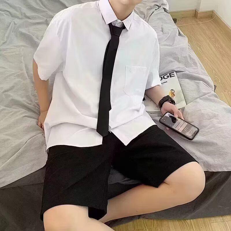 Men's White Korean Style Short-Sleeved Casual Shirt - Loose Fit, Trendy Hong Kong Style Student Class Uniform
