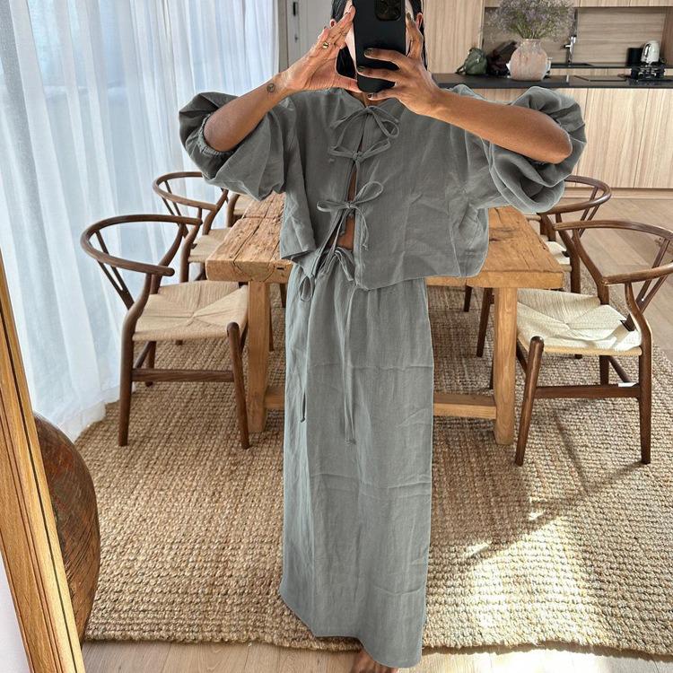 Retro European & American Women's Lace-Up Shirt and Skirt Set - Long-Sleeve Casual Suit, 2025 Summer Collection