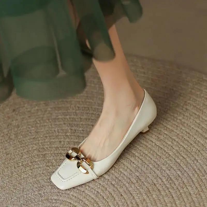 Low Heel Elegant Ladies Footwear Moccasins Metal Decoration Normal Leather Casual Office Beige Women's Shoes Square Toe On Offer