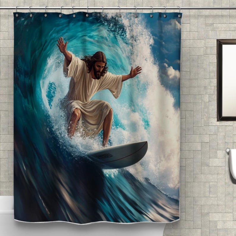Cortina de Ducha Jesús Surfeando - Decoración Espiritual de Surf, Cortina de Baño con Olas del Océano, Regalo Cristiano Único, Múltiples Tamaños
