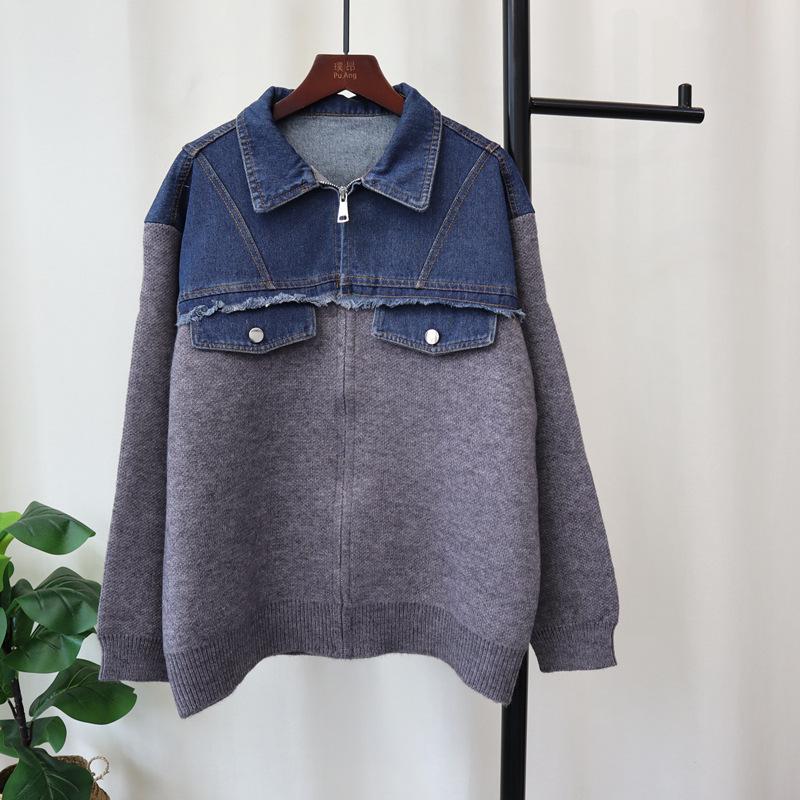 Autumn and winter new splicing denim knitted cardigan loose casual versatile zipper sweater jacket women