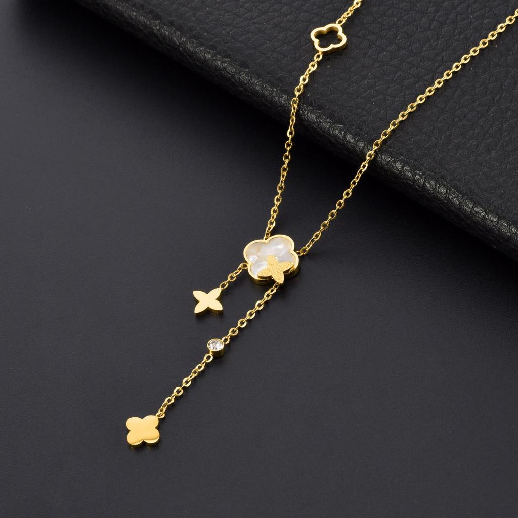 Elegant Gold Titanium Steel Women's Necklace with White Shell, Zircon, and Monogram Tassel