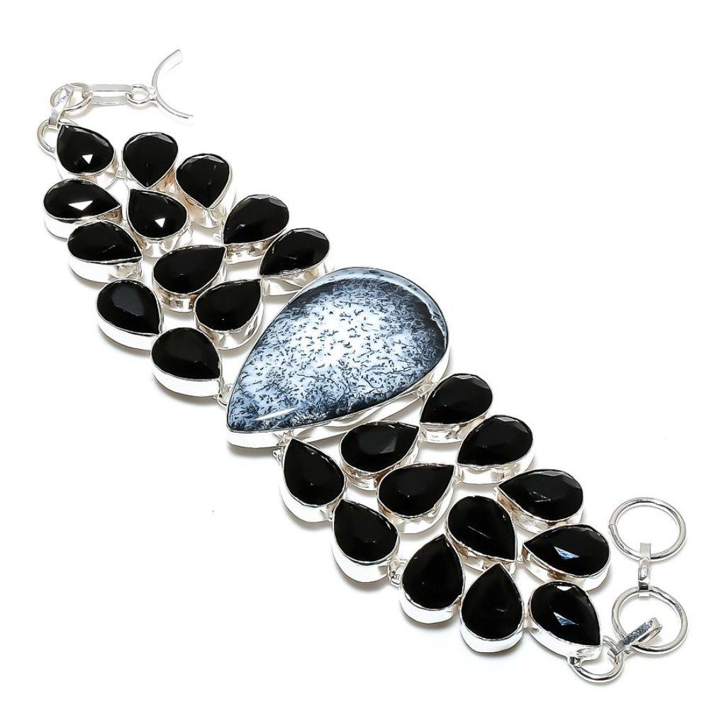 Dendrite Opal, Spinel Handmade 925 Sterling Silver Bracelet 7-8" D7n69