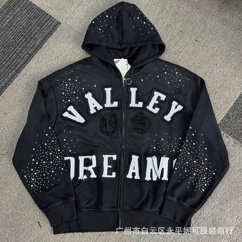 Premium Streetwear Hoodie With Rhinestone Embellishment Oversized Zip-Up Sweatshirt Men Cotton Blend Loose Fit