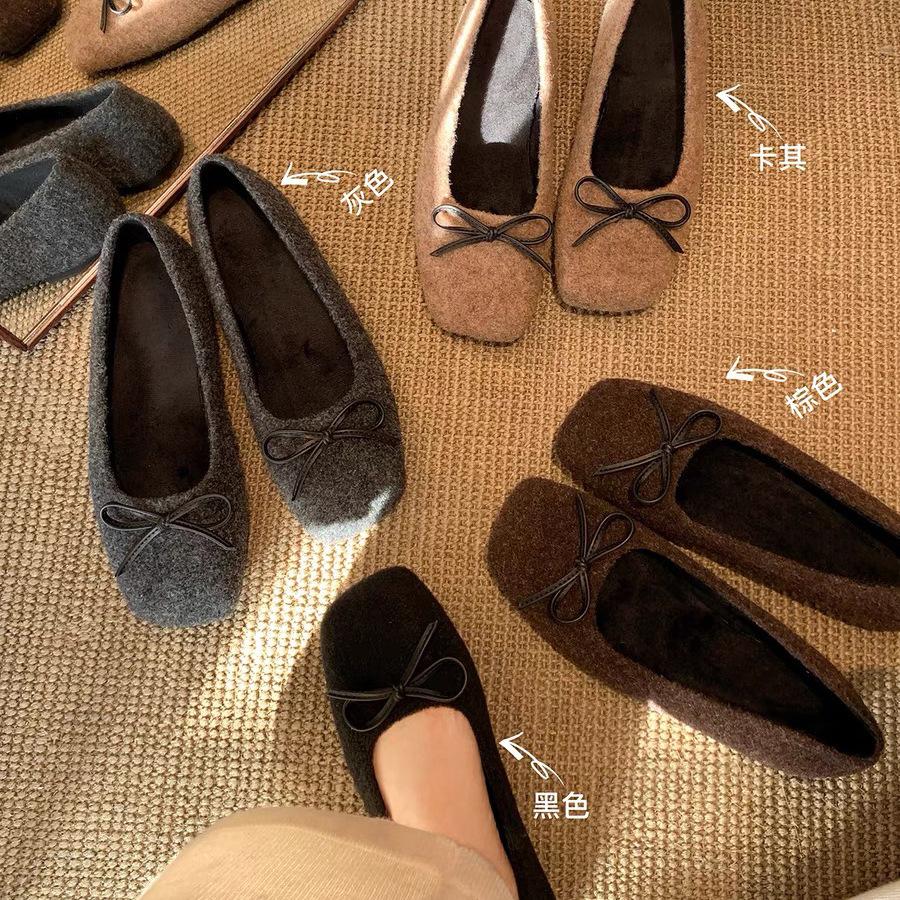 Wool version~ Versatile bow woolen light mouth ballet single shoes women's Mary Jane single shoes flat-soled fluffy shoes ladyshoes