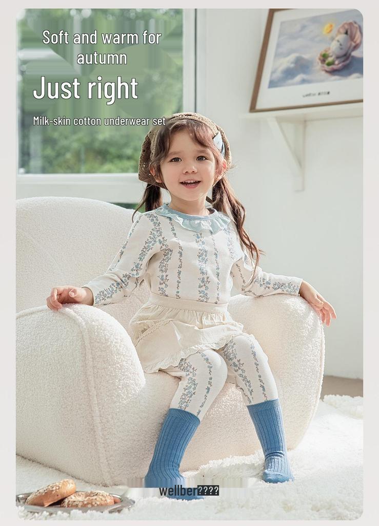 Weibeilu Girls' Cotton Long Sleeve & Pants Set - Spring/Autumn Two-Piece Base Layer.