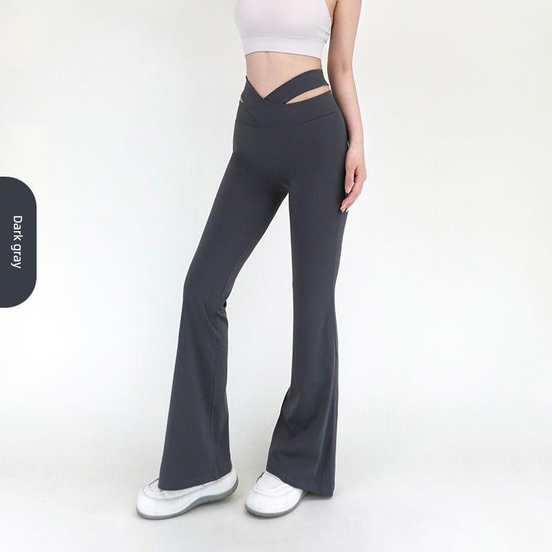 

2024 Export Cut Out Slightly Flared Yoga Pants Female Waist Running Hip Raise Silm Athleisure Wide Leg Fitness Pants Dark gray M