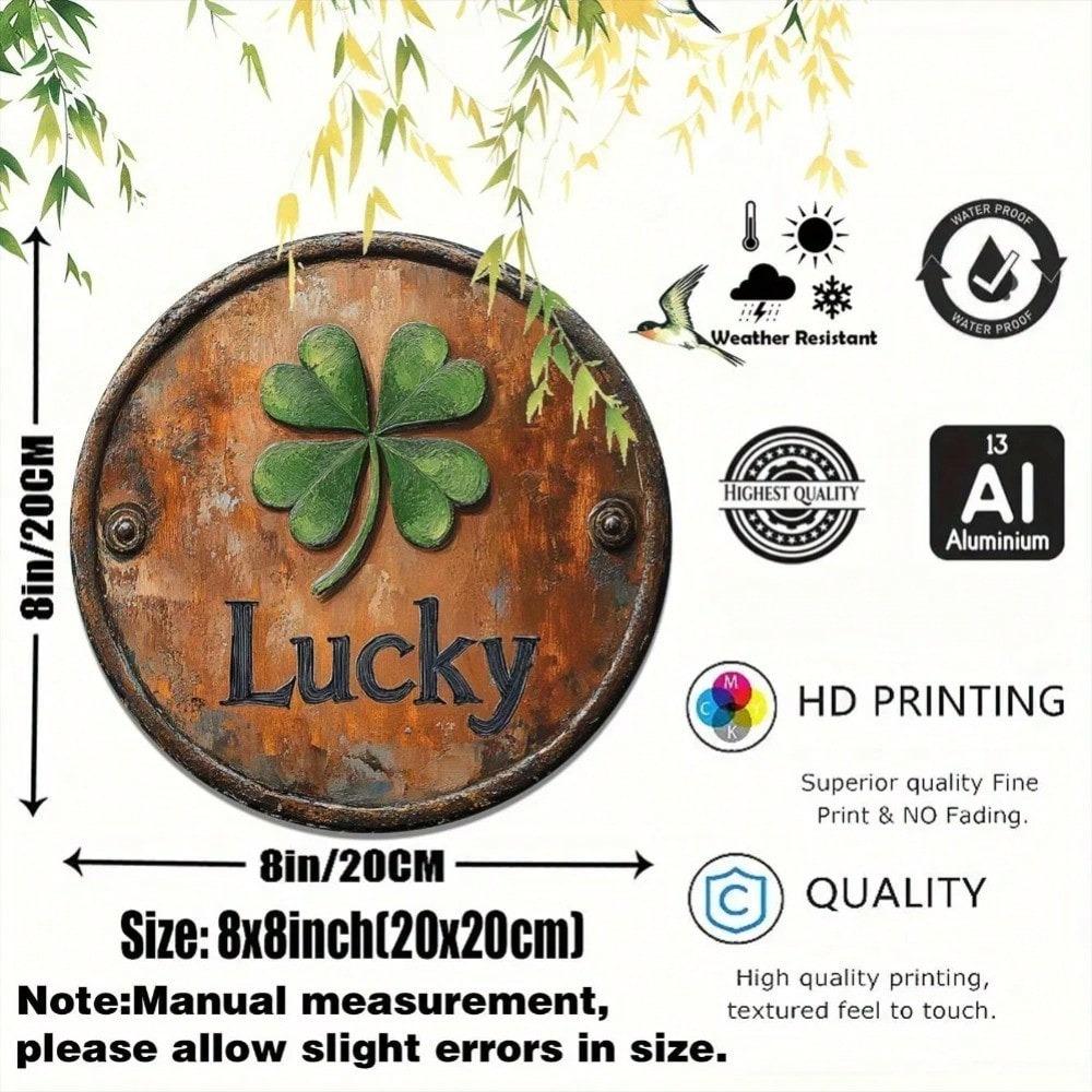 Retro Lucky Four Leaf Clover Round Metal Sign 8x8 Inch Wall Art for Indoor Outdoor Home Kitchen Living Room Decor