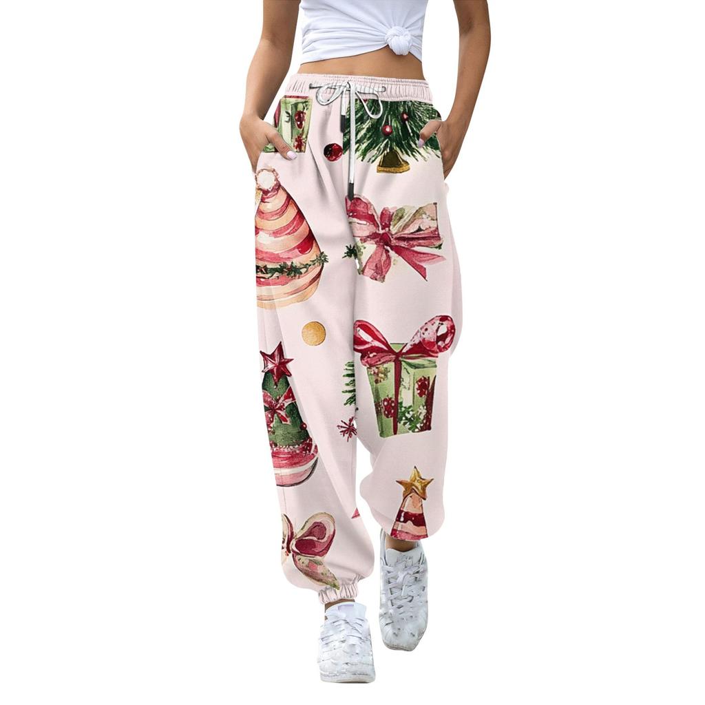 Women's High Waisted Sweatpants Christmas Print With Pockets Drawstring Trousers
